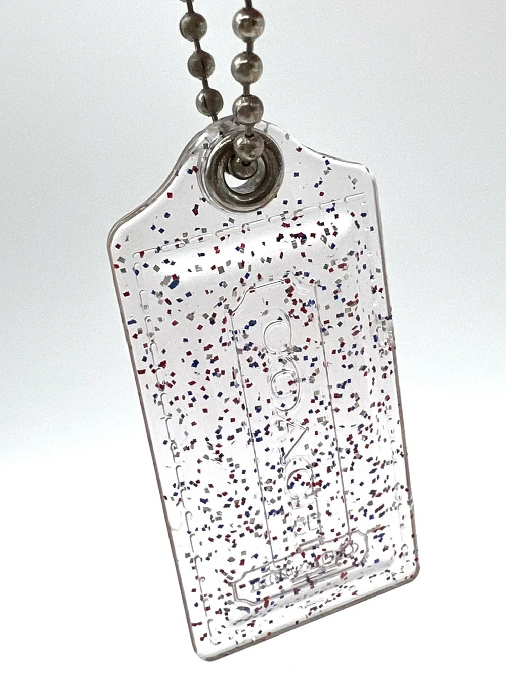 Coach Poppy Clear Red Blue Confetti Glitter Lucite Hangtag Ball Chain
